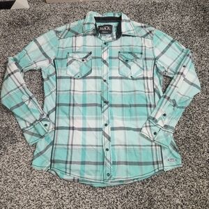 Buckle Black Athletic Fit Men L Plaid Shirt Mint Teal Gray Long Sleeve Button Up